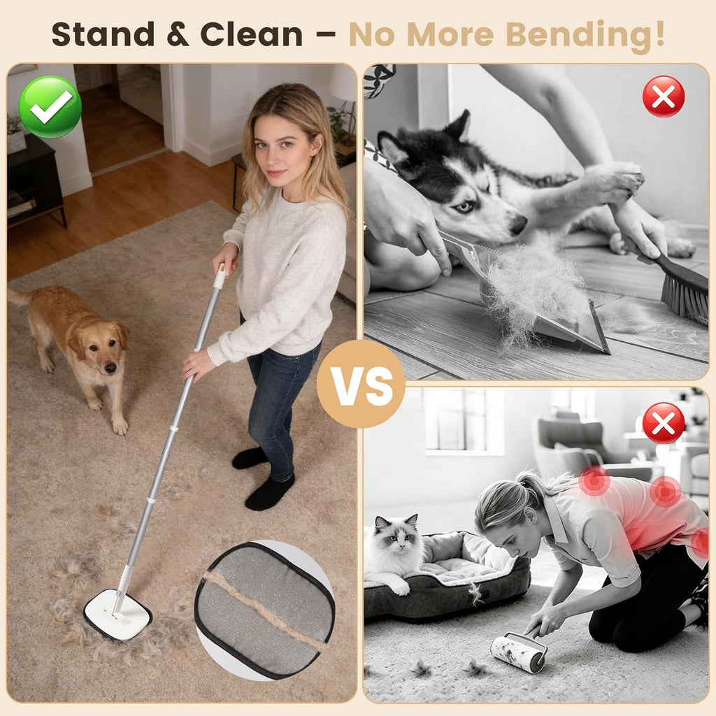 Adjustable long handle attached to static carpet rake head