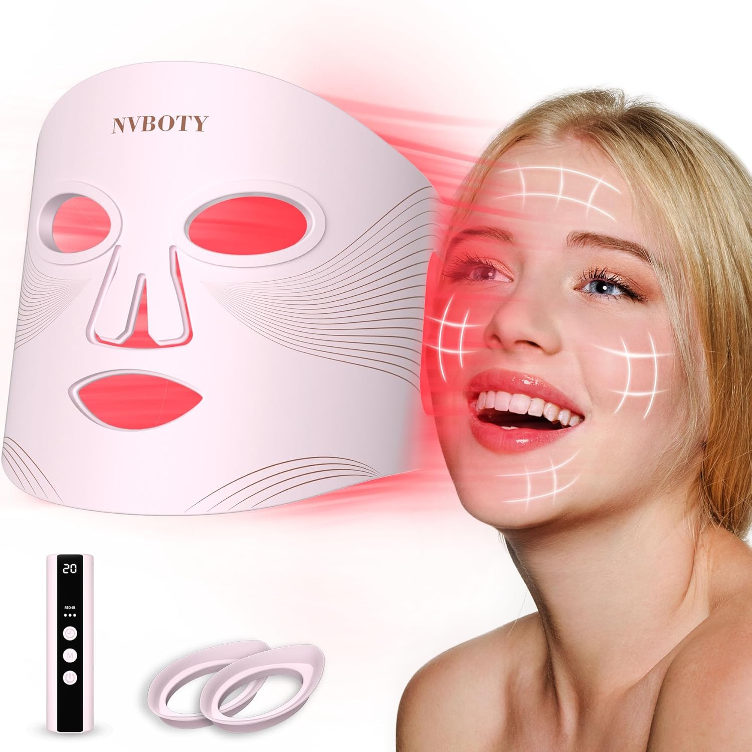 NVBOTY LED Face Mask Light Therapy device front view showing the flexible silicone design and eye protection inserts.