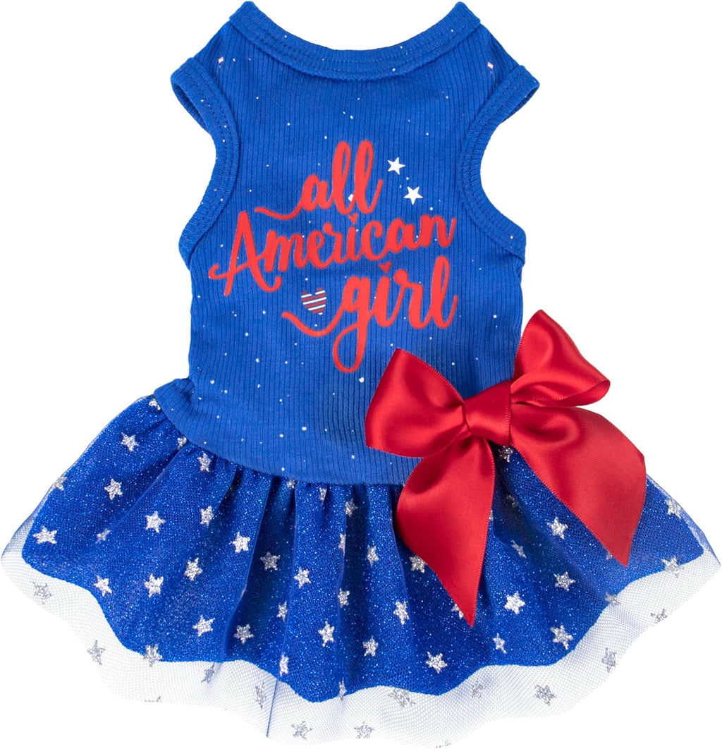 Fitwarm All American Girl Dog Dress front view on a small white poodle