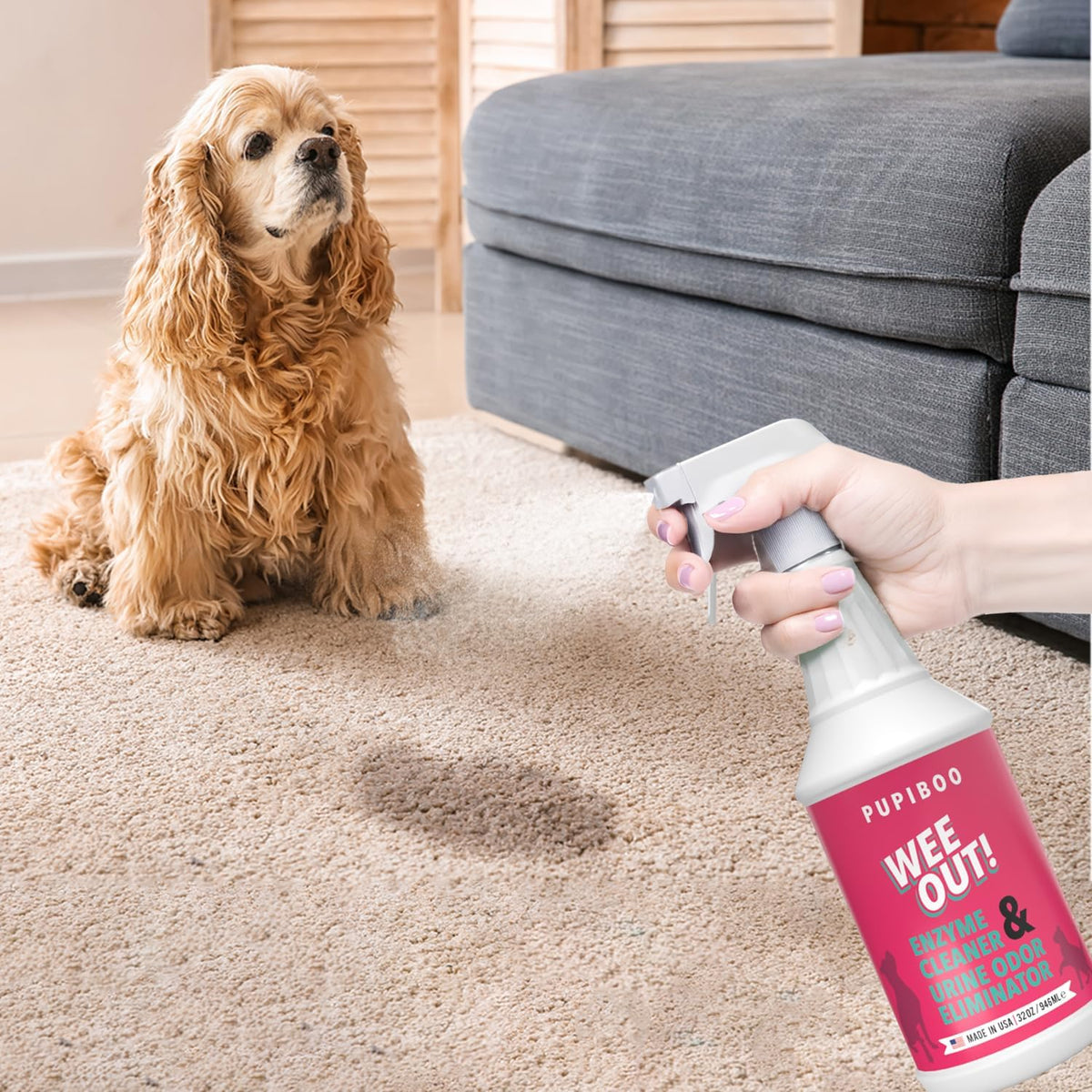 Back label showing non-toxic ingredients of Pupiboo pet stain remover
