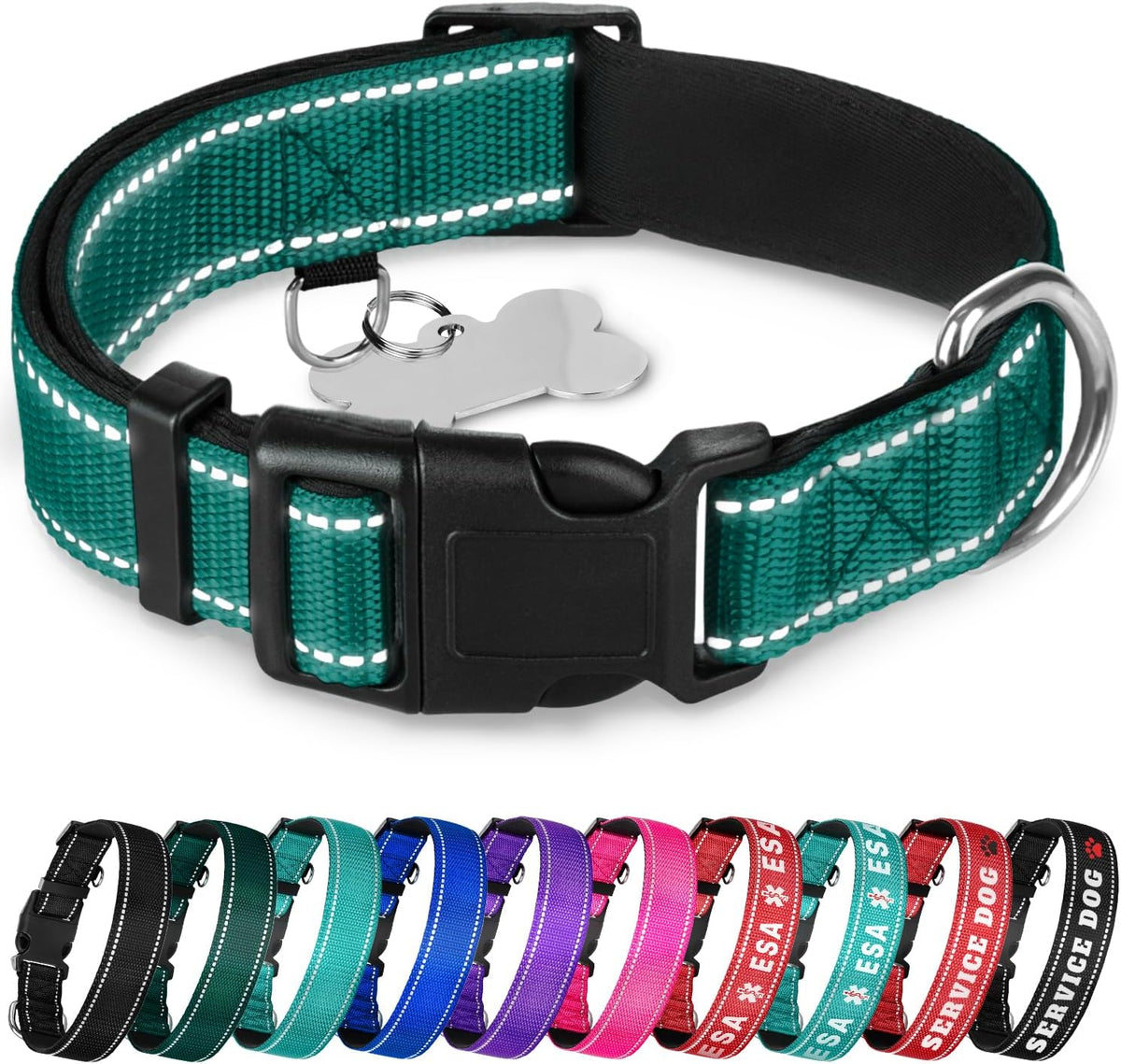 TECEUM Reflective Dog Collar - Aquamarine - M - Extra Soft Padding - Basic Nylon Pet Collar - Quick Release Buckle - Fits Small, Medium and Large Dogs, Puppies, Cats - ESA & Service Dog Options - Image 10