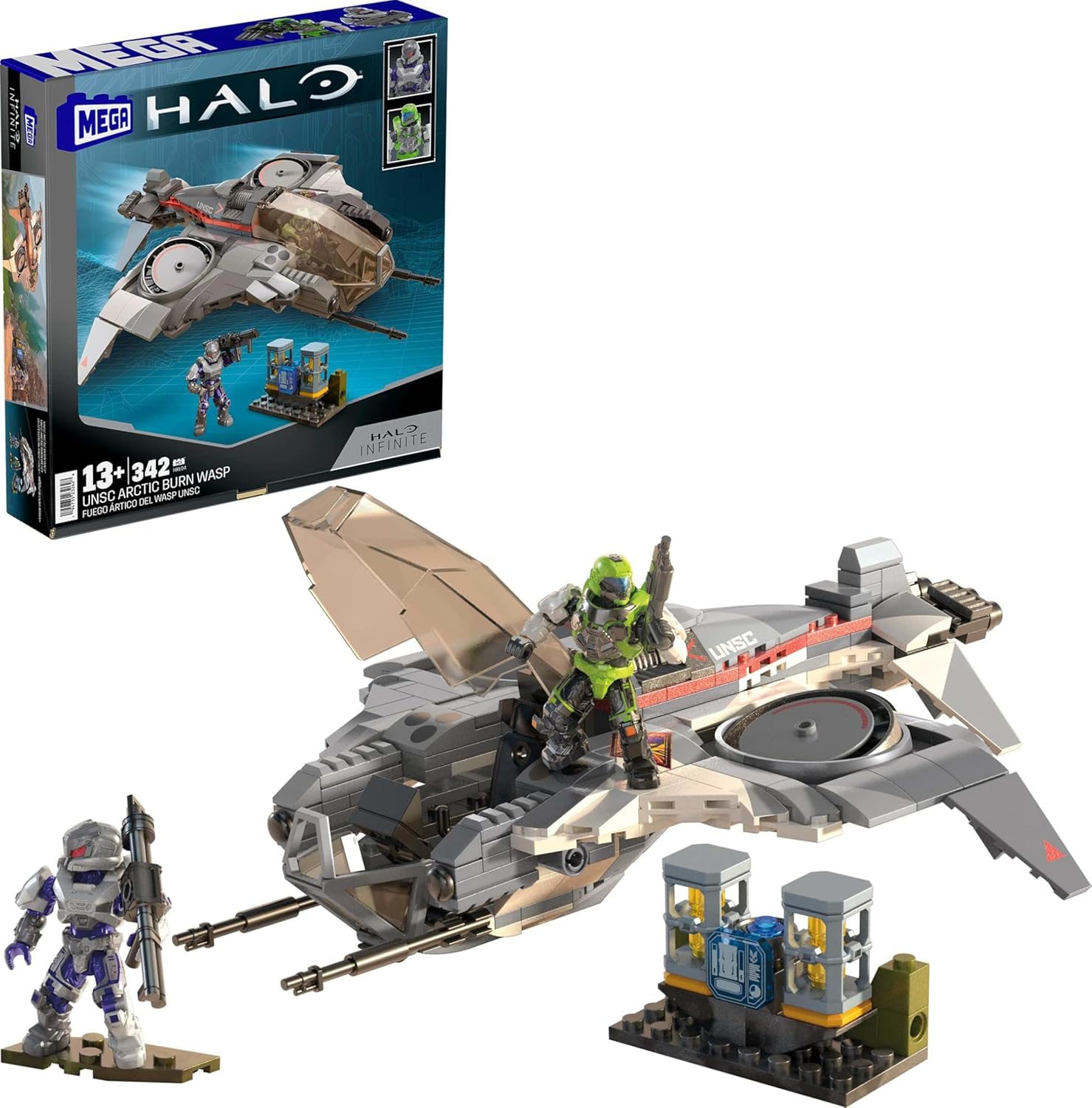 Mega Brands Halo UNSC Arctic Burn Wasp building toy packaging front view featuring arctic camouflage aircraft.