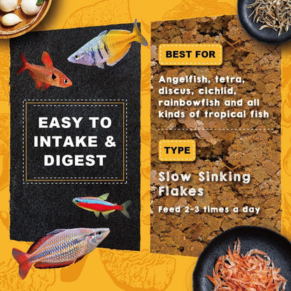 Slow sinking aquarium fish flakes packed with real sword shrimp protein
