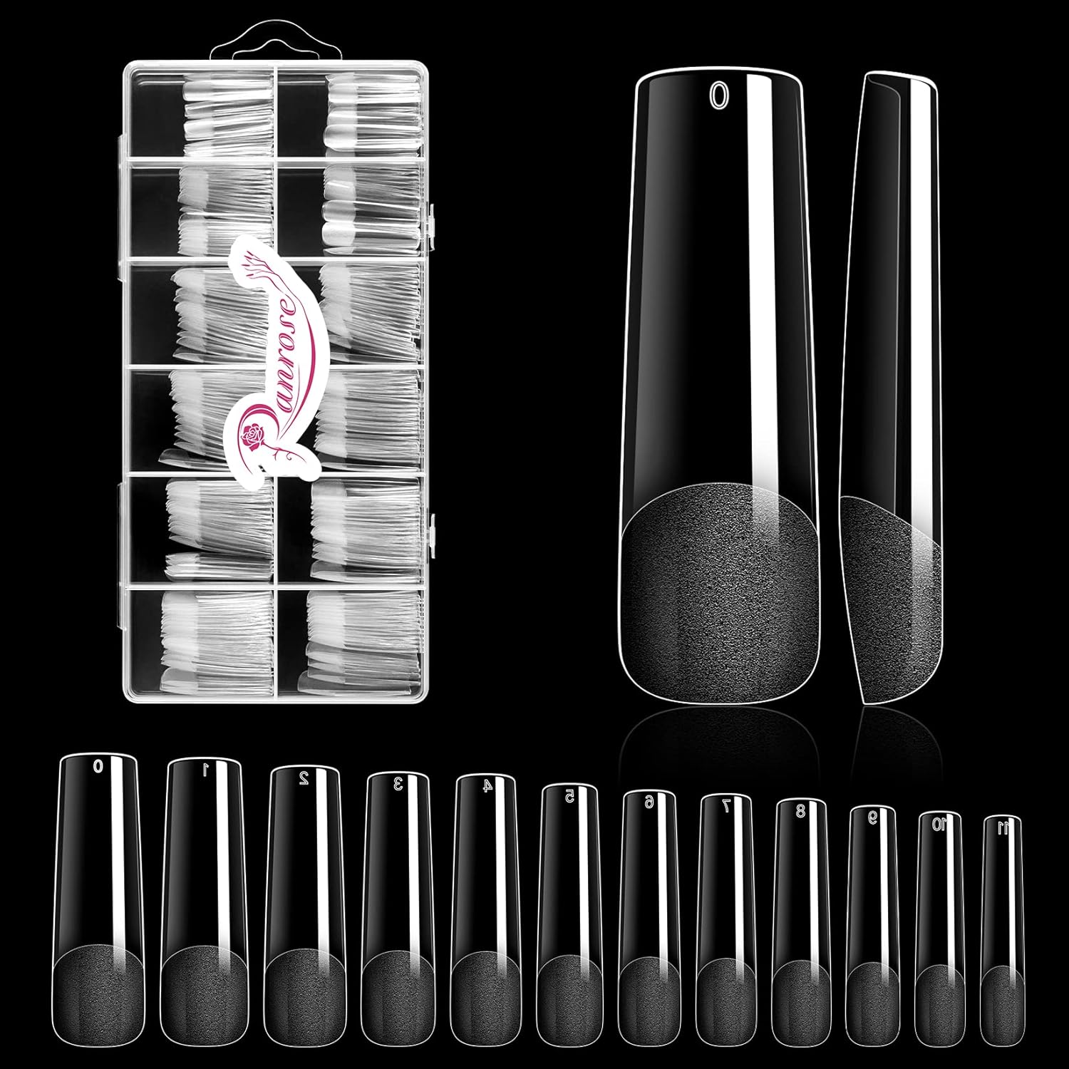 Ranrose XXL long straight nail tips in a 240 piece clear storage box stick on nails