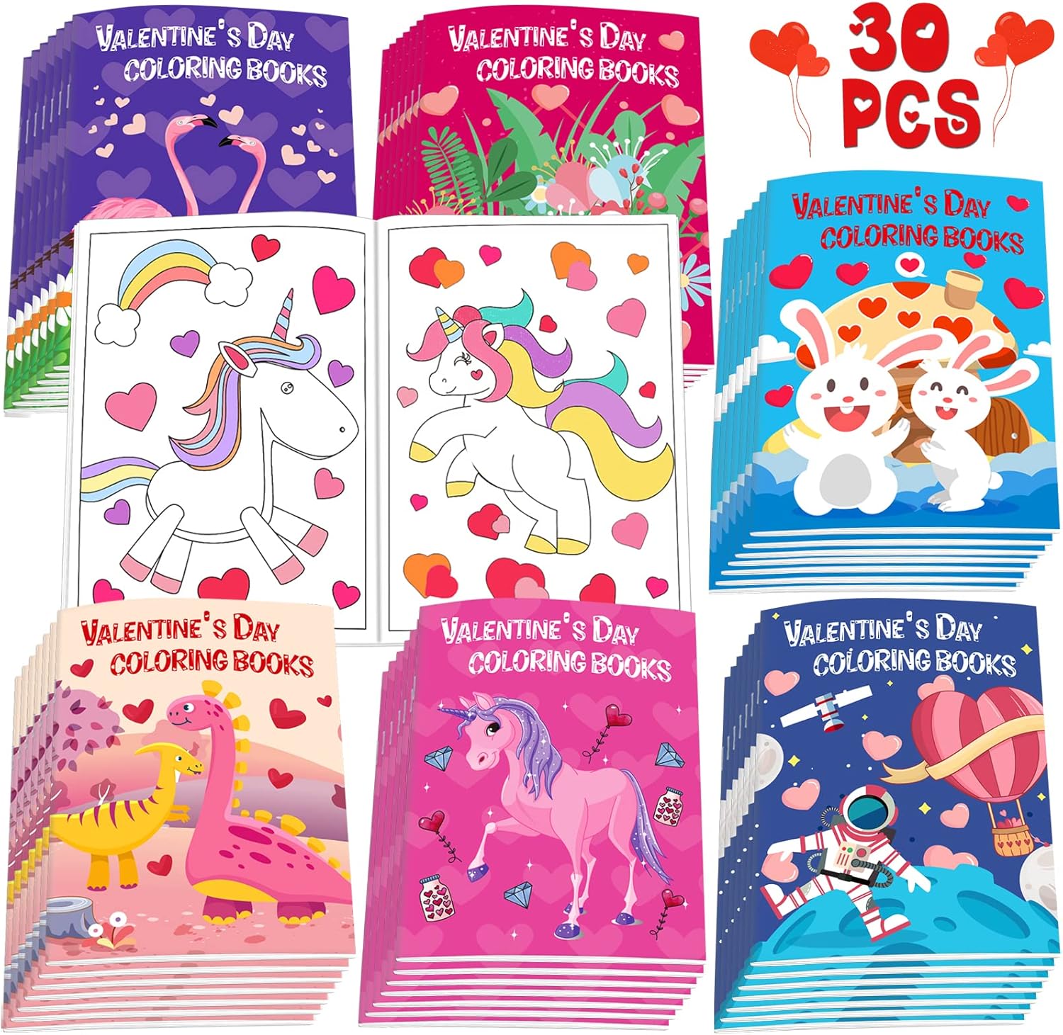 Lionoble Valentine Day coloring books bulk thirty piece set front view showing assorted dinosaur and unicorn covers.