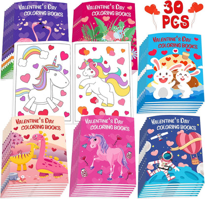 Lionoble Valentine Day coloring books bulk thirty piece set front view showing assorted dinosaur and unicorn covers.