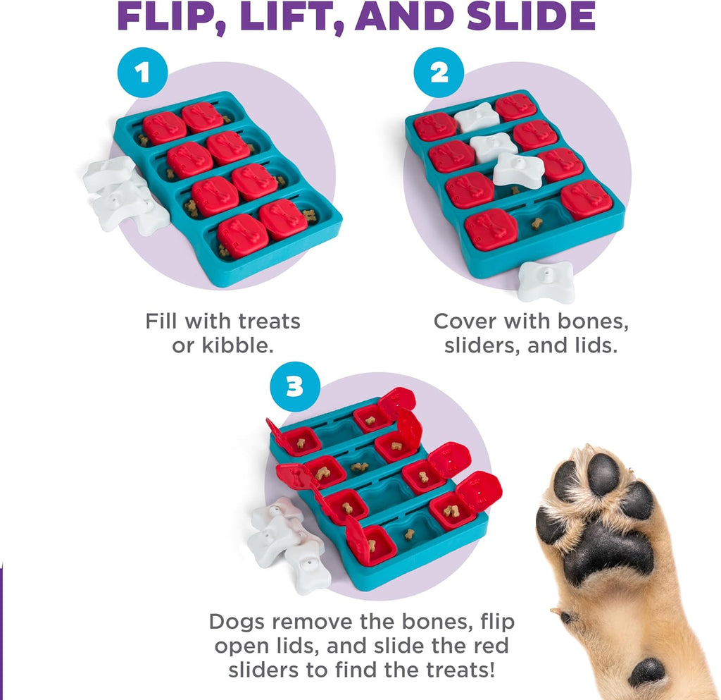 Outward Hound dog toy brick with red flip lids close up