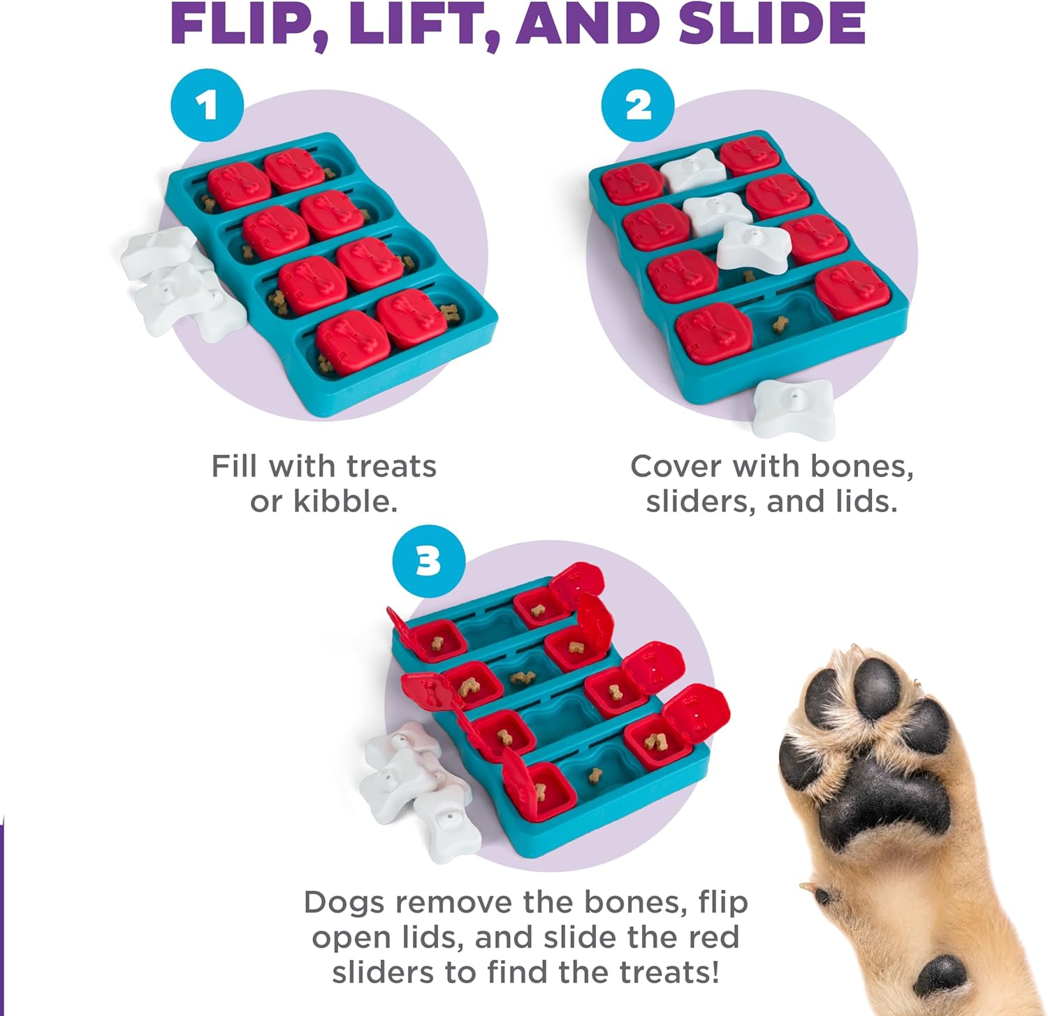 Outward Hound dog toy brick with red flip lids close up