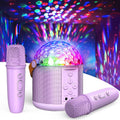 FunforFun mini karaoke machine front view showcasing the top disco ball light and dual wireless microphones.