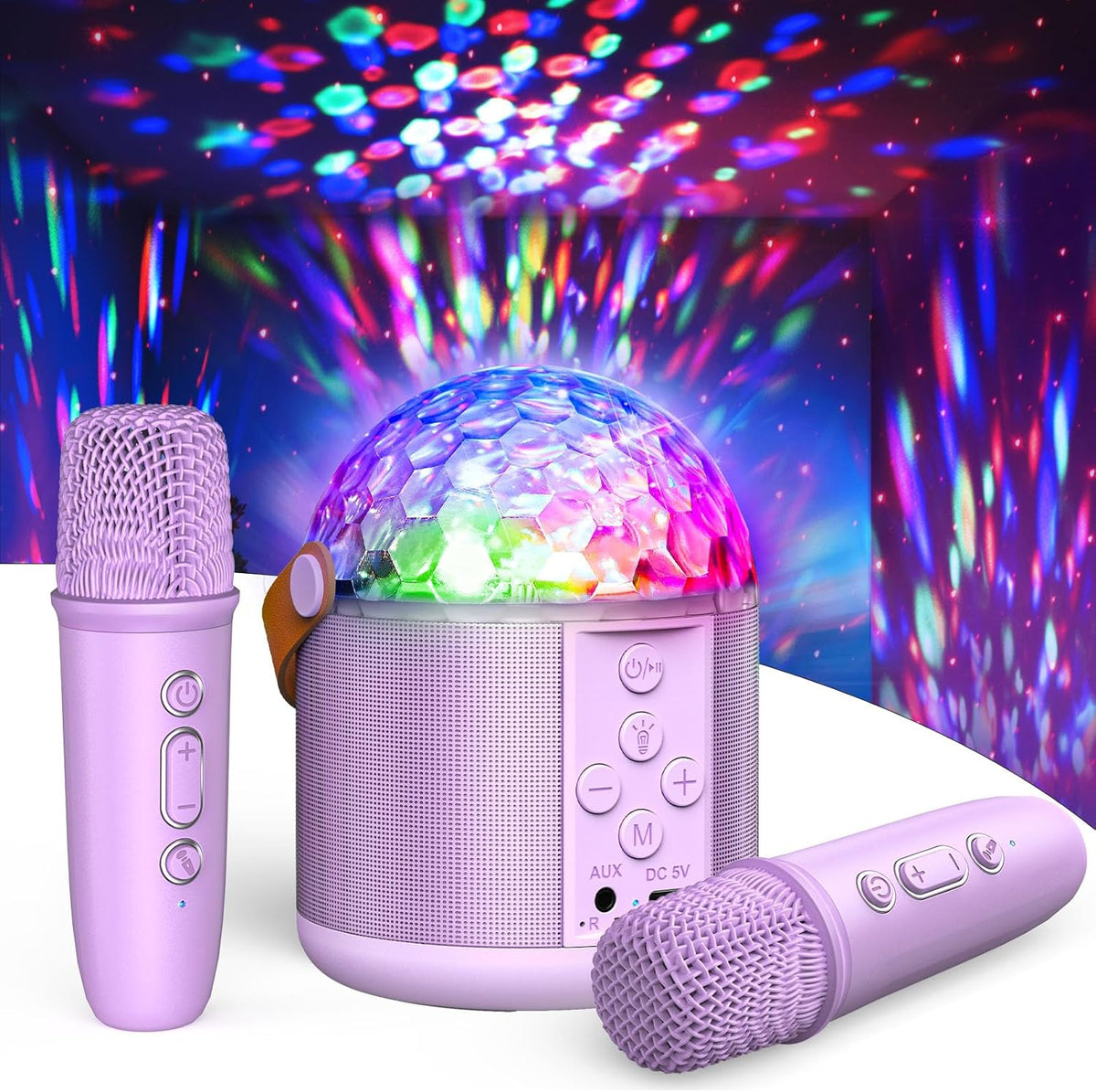 FunforFun mini karaoke machine front view showcasing the top disco ball light and dual wireless microphones.