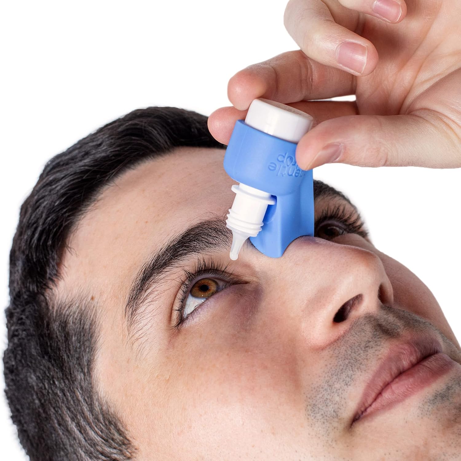 GentleDrop eye drop guide front view showing blue medical silicone structure