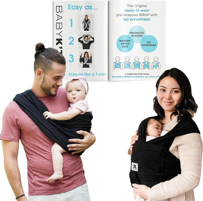 Baby K'tan Original Baby Carrier front view in black color worn by a mother