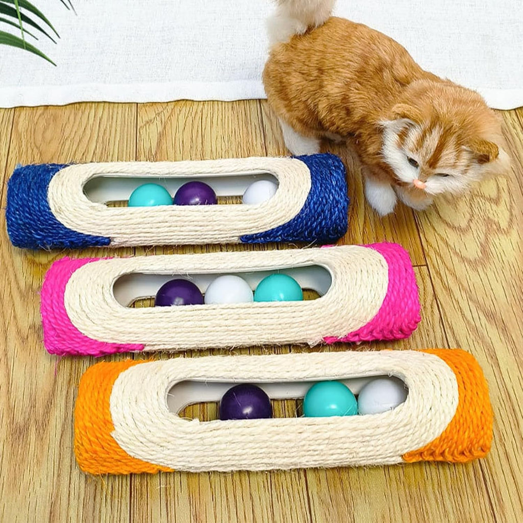 MooGlamor eleven inch interactive cat toy demonstrating the three colorful trapped ringing balls inside the loop track.