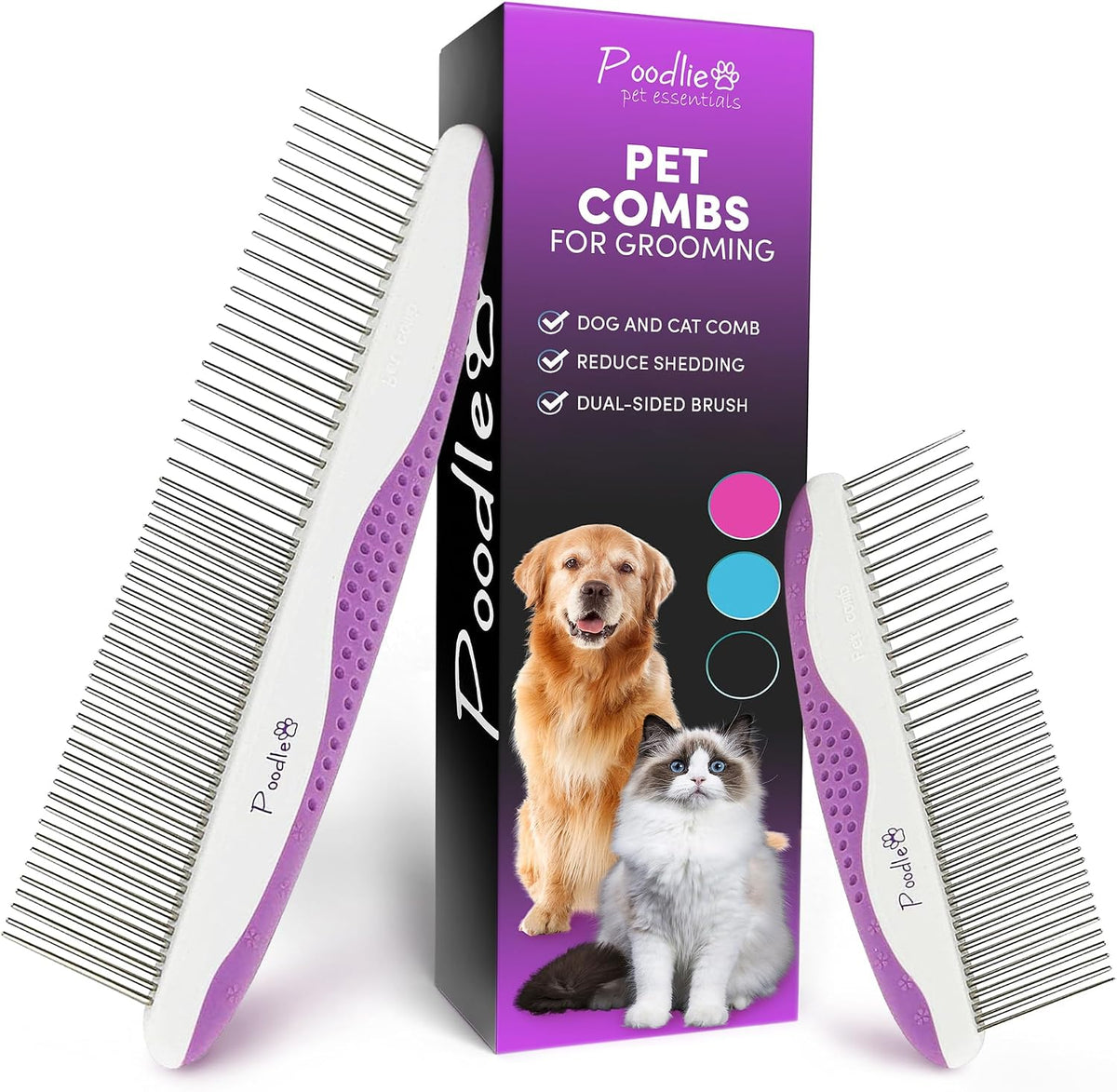 POODLIE Poodle Pet Dog Combs front view of the two pack purple grooming tools with stainless steel teeth
