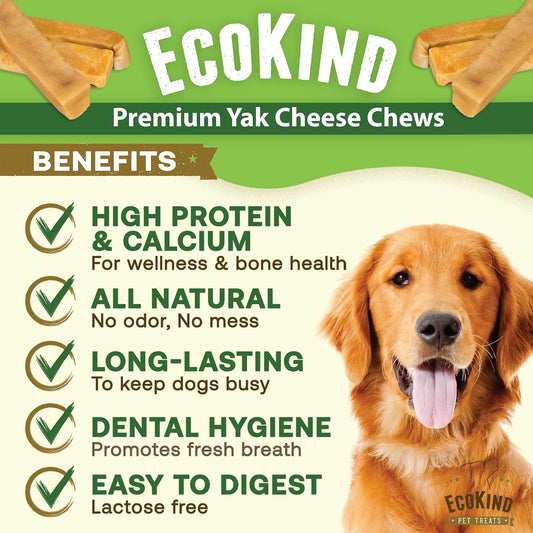EcoKind Premium Gold Himalayan Yak Cheese Dog Chews showing four large durable sticks for aggressive chewers