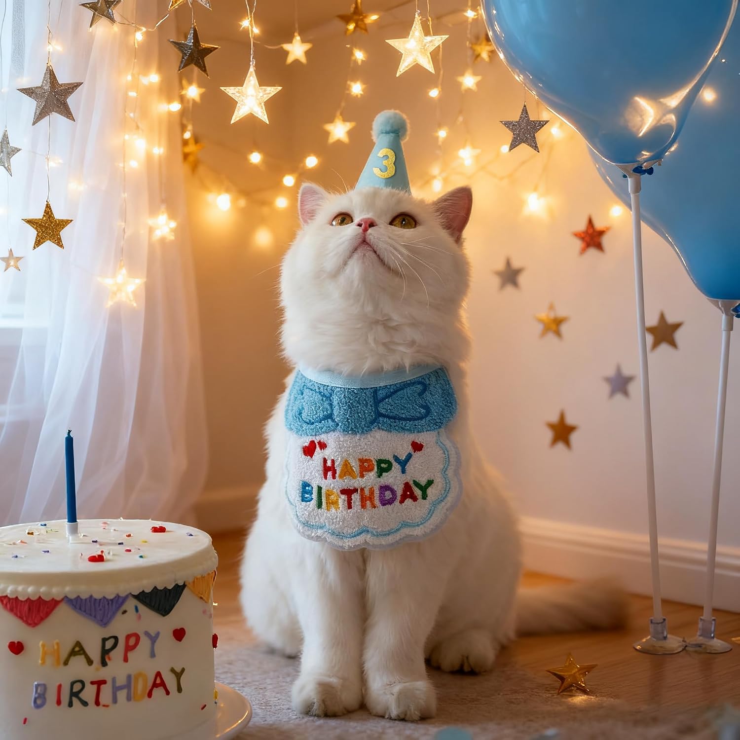 Cat wearing blue birthday party hat and bandana