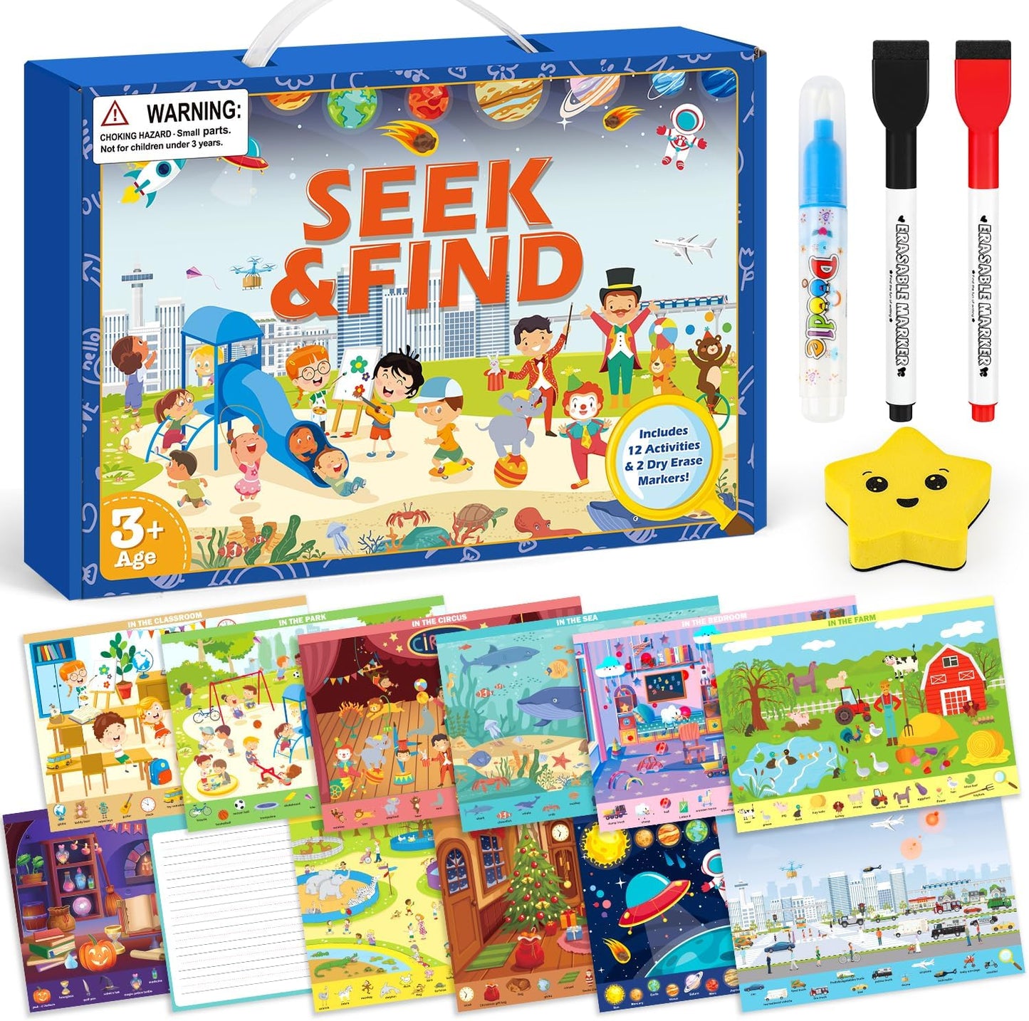 Meaicezli seek and find busy book front view showcasing the blue carrying case