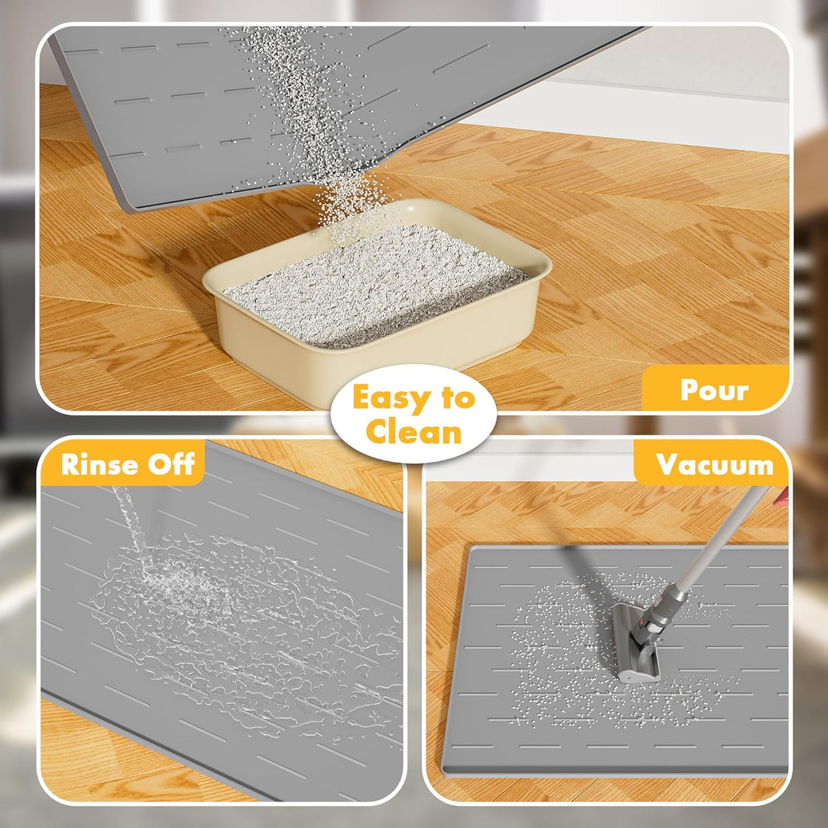 Light gray kitty litter mat being rinsed with water for easy cleaning