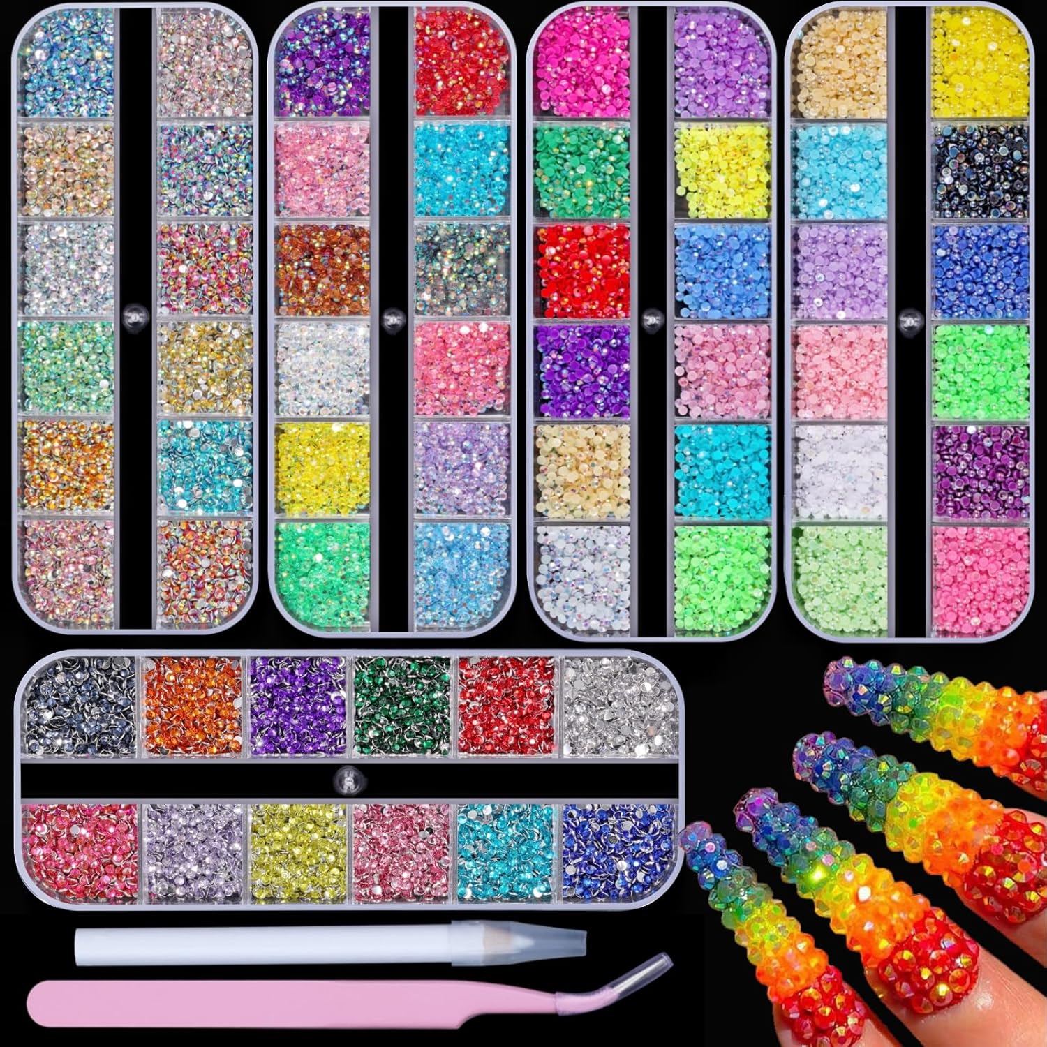 5 Boxes 13200pcs Sparkling Crystal Nail Rhinestones Pearls Kit, Flatback Multicolor Transparent Jelly AB Mermaid Gems with Pick Up Pen and Curved Tweezers for Manicure Salon & Craft DIY Designs (2mm) - Image 1