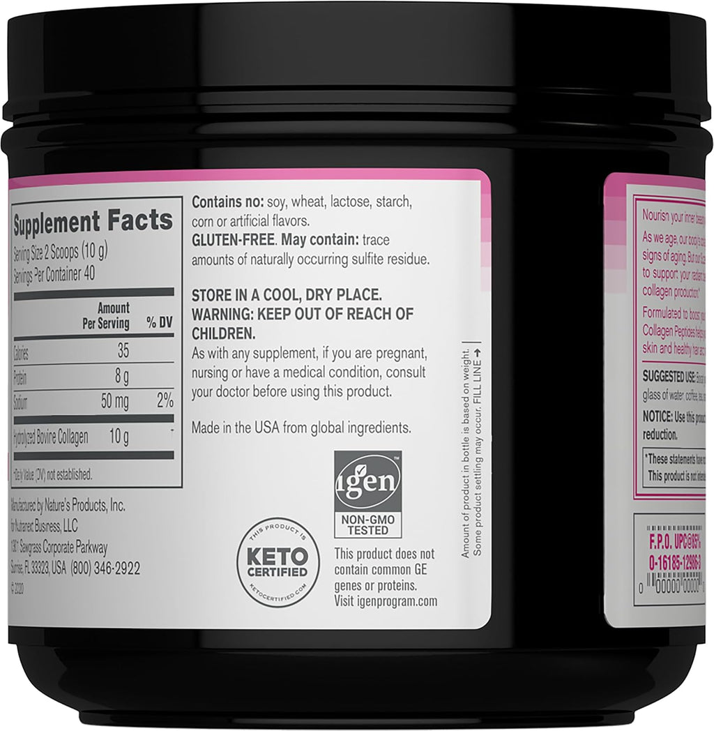 Hydrolyzed type 1 and 3 collagen powder container showing non GMO and gluten free certifications