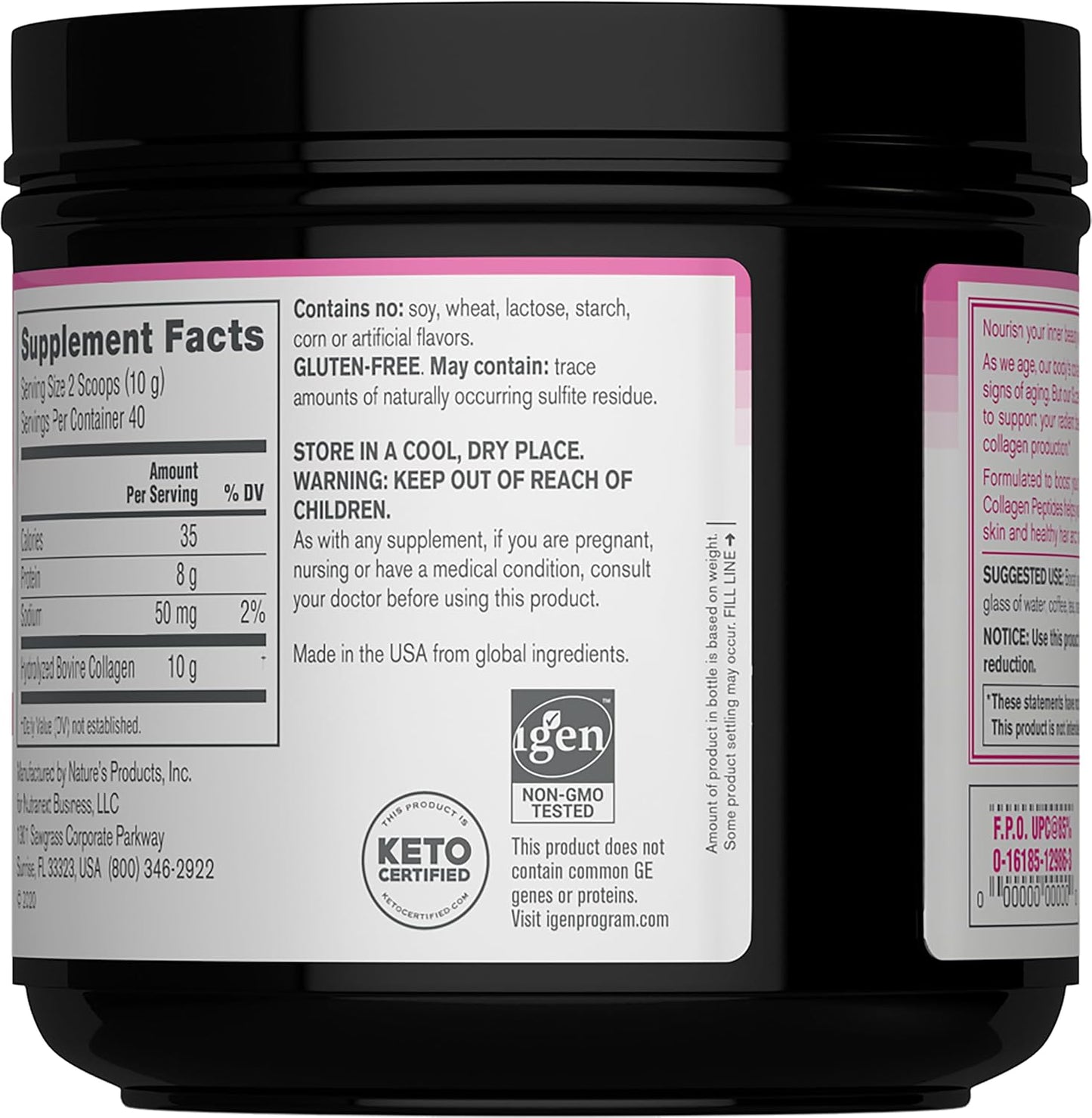 Hydrolyzed type 1 and 3 collagen powder container showing non GMO and gluten free certifications