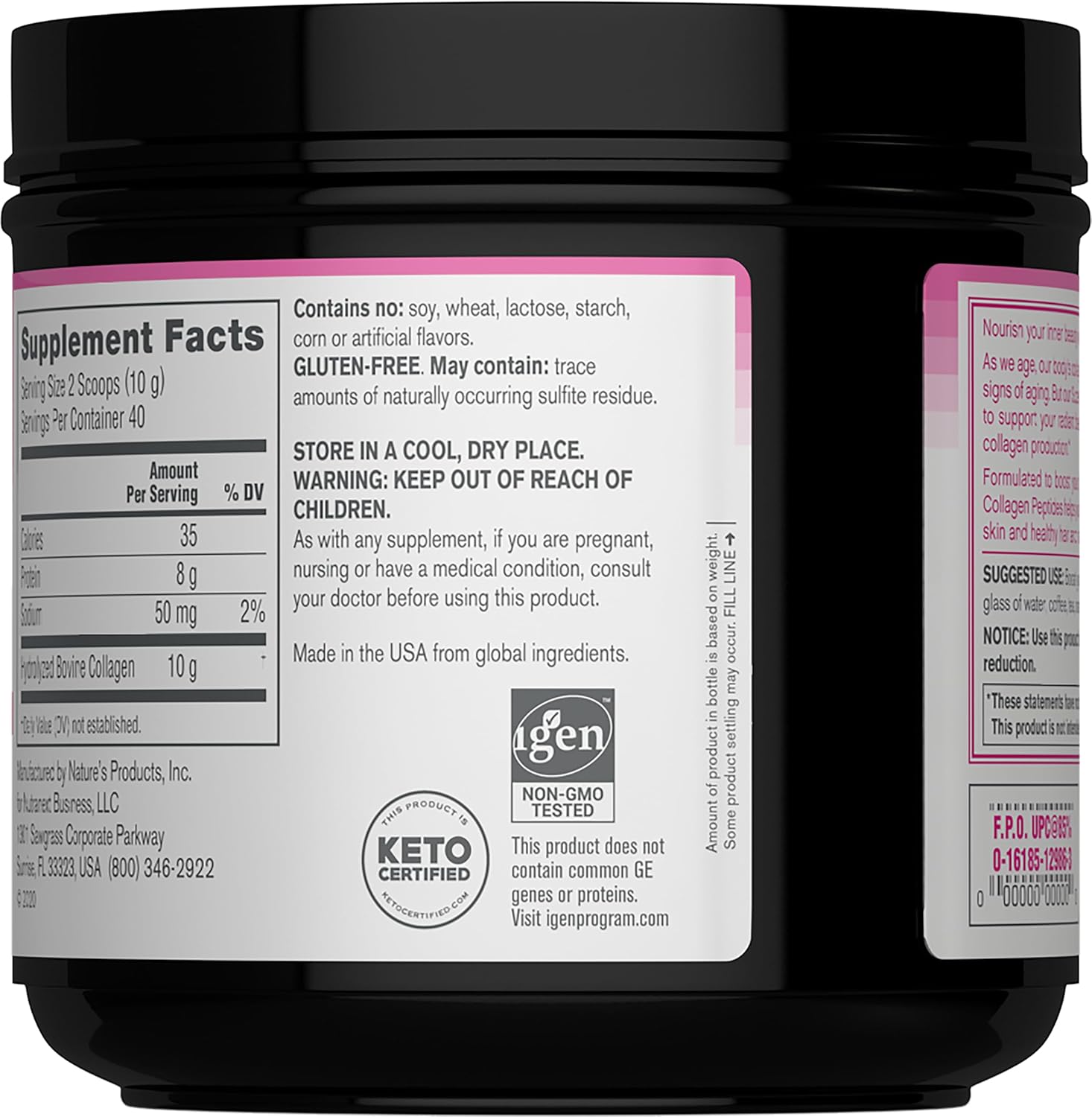 Hydrolyzed type 1 and 3 collagen powder container showing non GMO and gluten free certifications