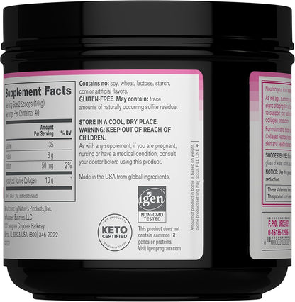 Hydrolyzed type 1 and 3 collagen powder container showing non GMO and gluten free certifications