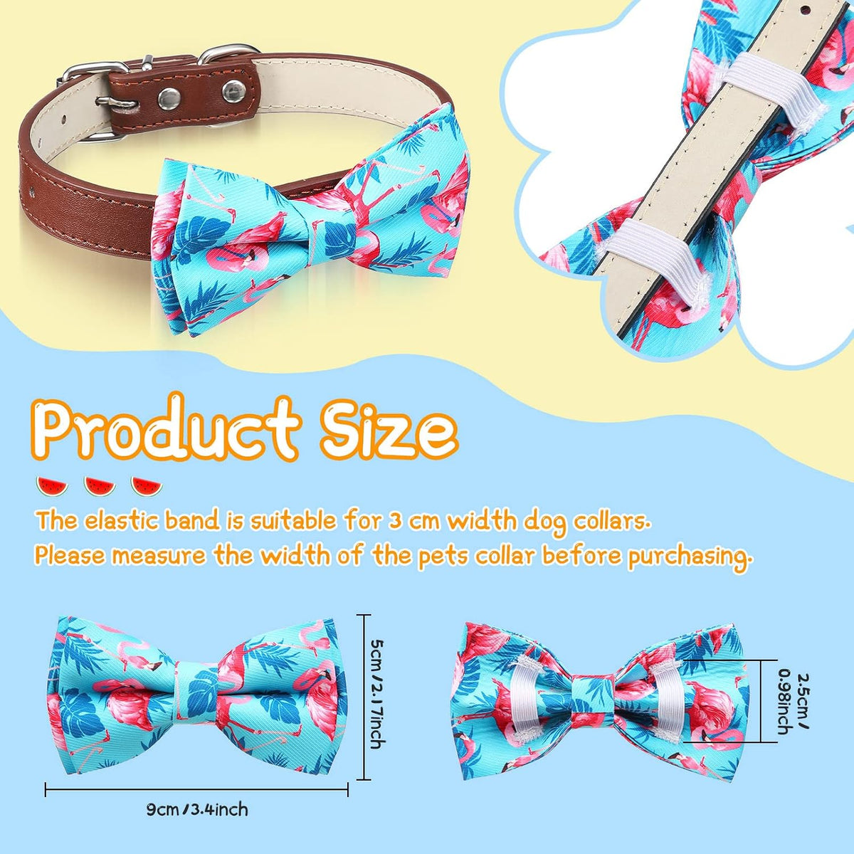 Back view of the pet bowtie showing the adjustable elastic rubber band attachment.