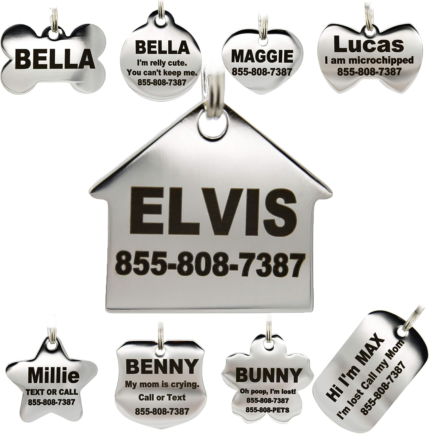 PetANTastic customizable durable stainless steel pet tags assortment overview.