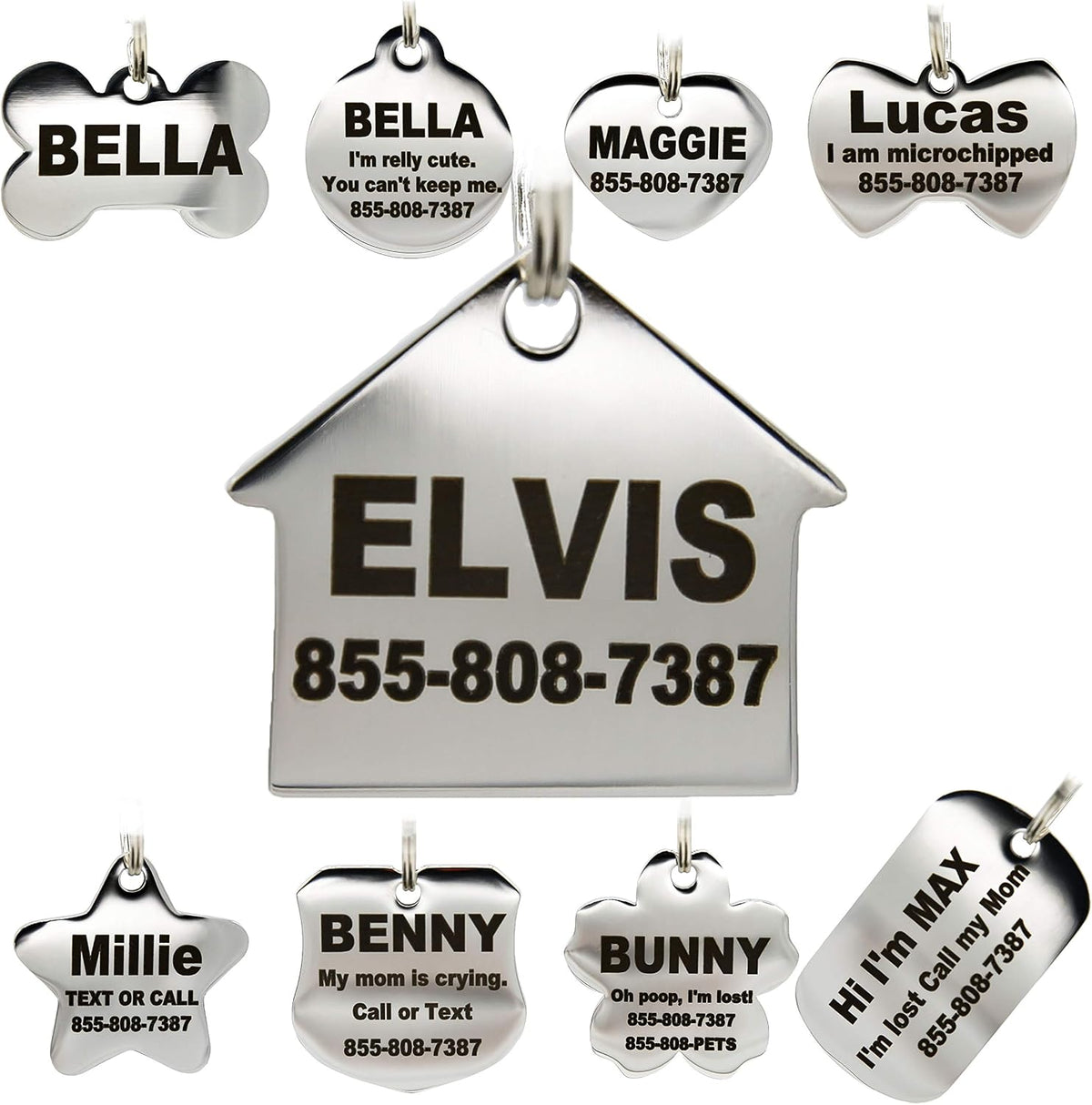 PetANTastic customizable durable stainless steel pet tags assortment overview.