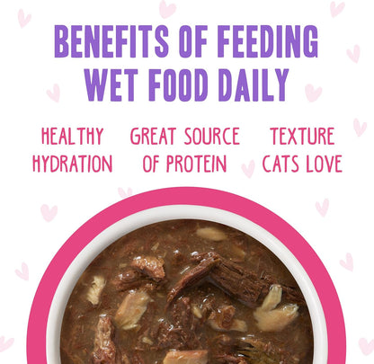 Close up view of the moisture rich tuna and chicken cat food pouch.