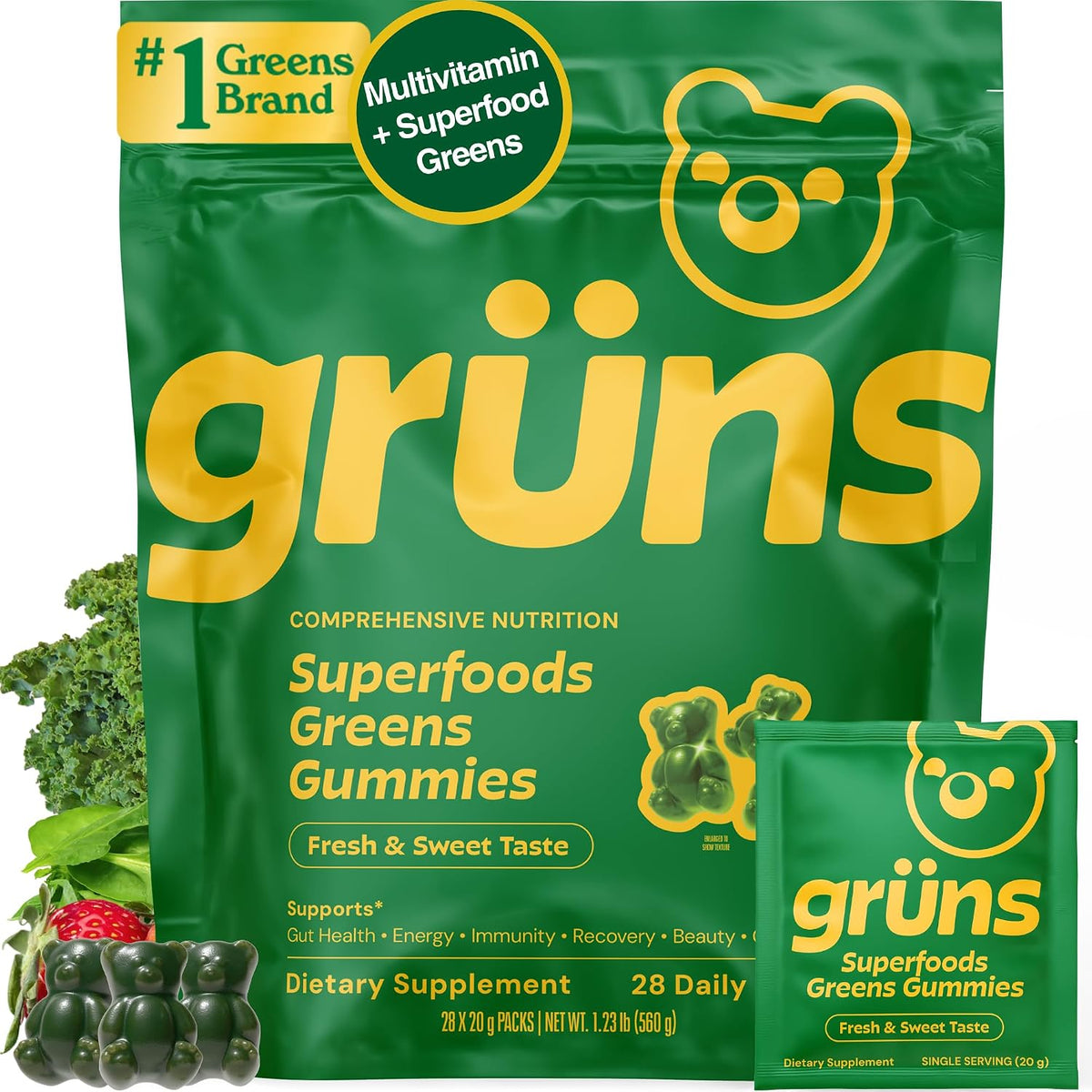 Gruns Adult Greens Gummies & Daily Multivitamin, Prebiotic Fiber, 28 ct - Image 1