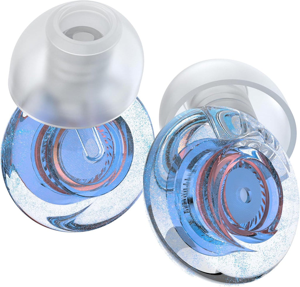 Yawsoy high fidelity concert ear plugs front view showing blue glitter acoustic filters.