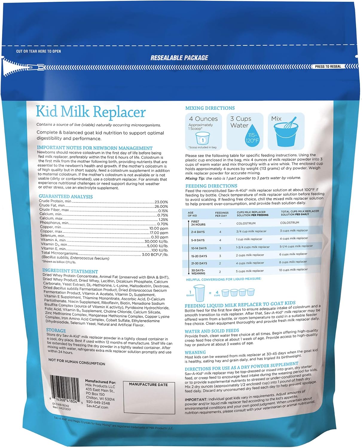 Sav-A-Kid goat kid powdered nutritional supplement back packaging detailing ingredients.