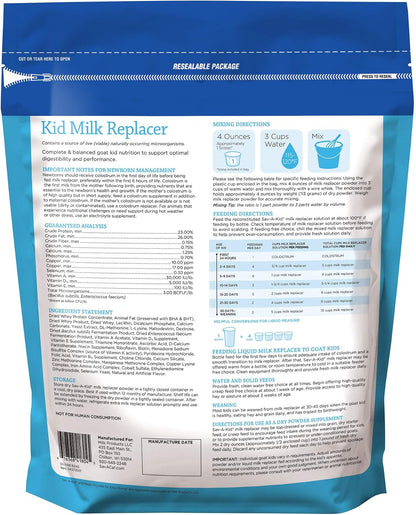 Sav-A-Kid goat kid powdered nutritional supplement back packaging detailing ingredients.