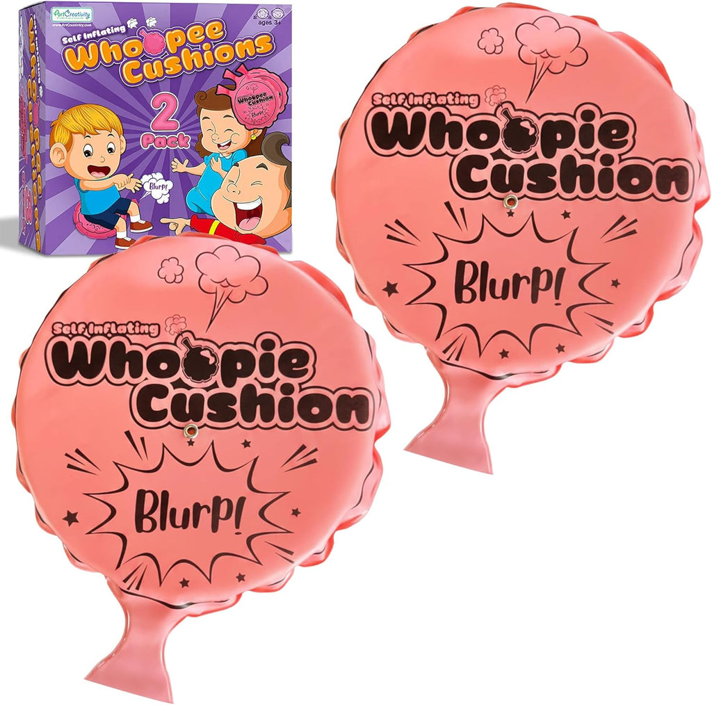 ArtCreativity Self Inflating Whoopie Cushion front view of pink prank toy set.