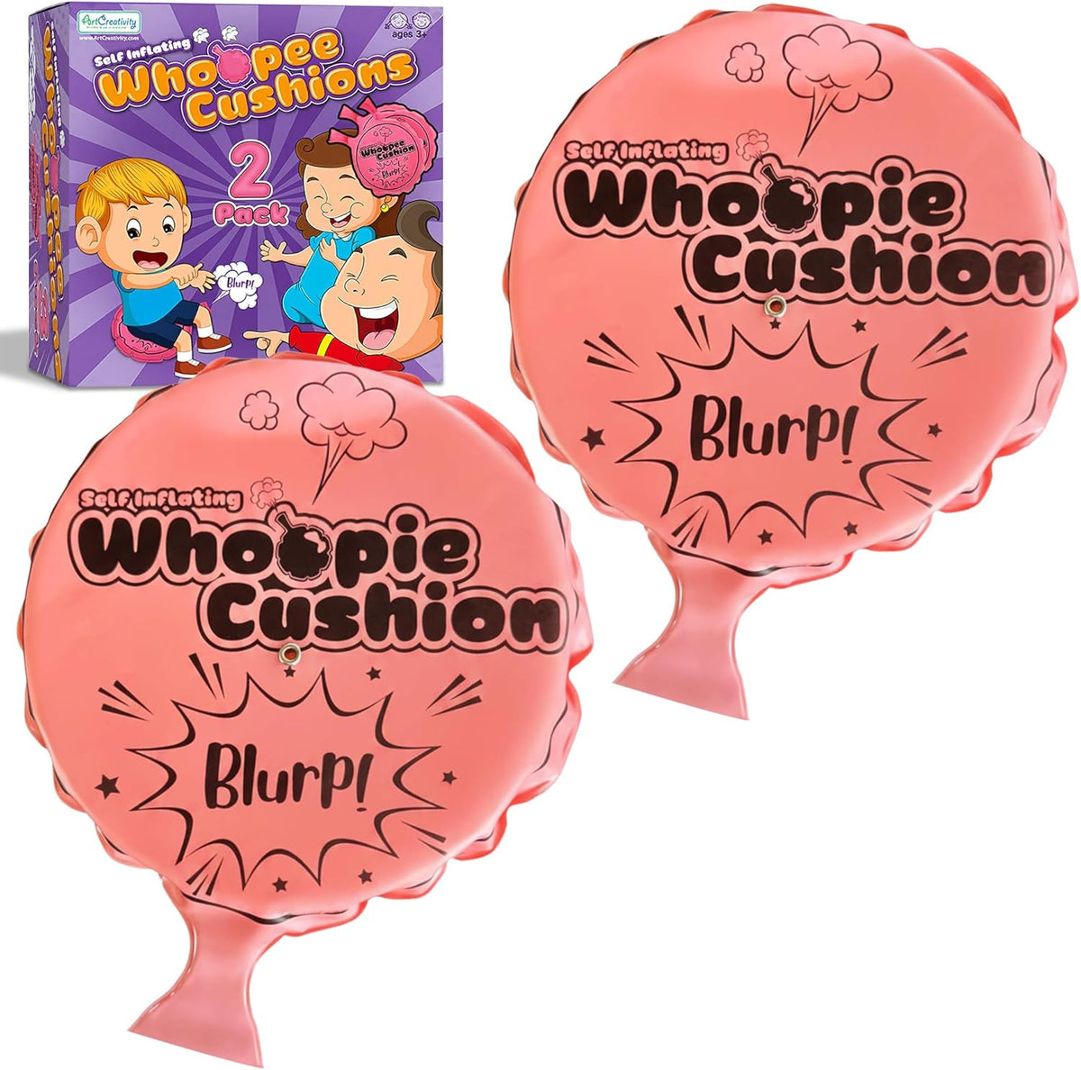 ArtCreativity Self Inflating Whoopie Cushion front view of pink prank toy set.