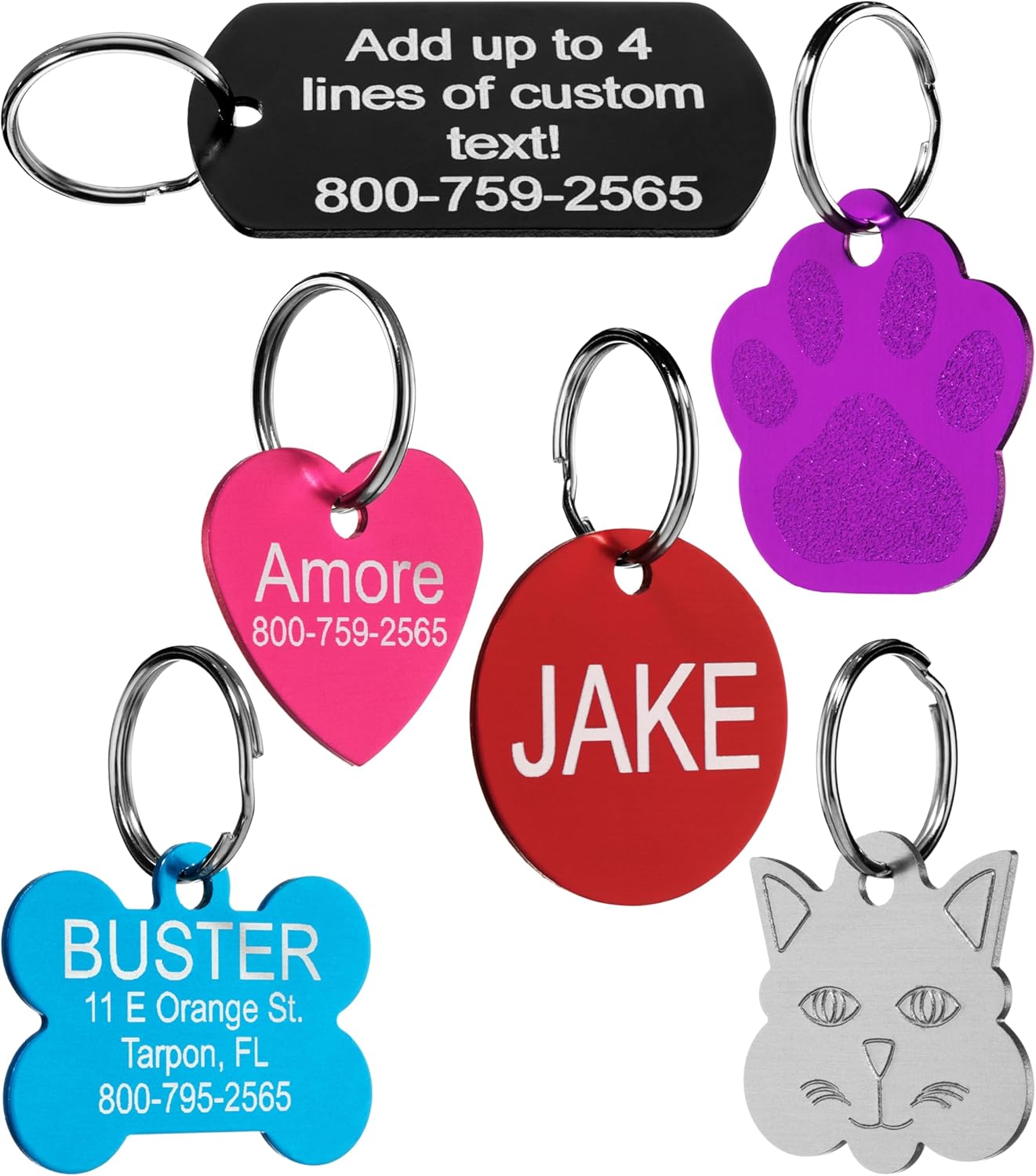 Double sided personalized dog collar name tags with split ring attachment