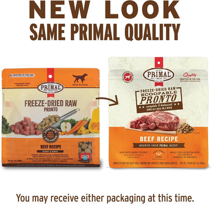 Primal Freeze Dried Dog Food Pronto Beef Nuggets bag showing whole food ingredients list