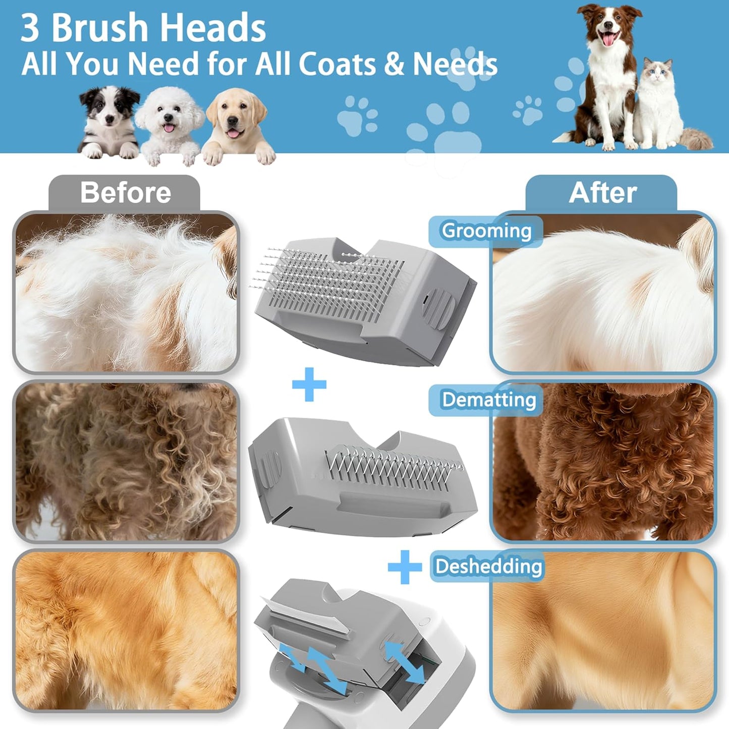 Pawimood pet spray hair removal comb showcasing the micro-mist outlet releasing a gentle steam cloud for cats and dogs.