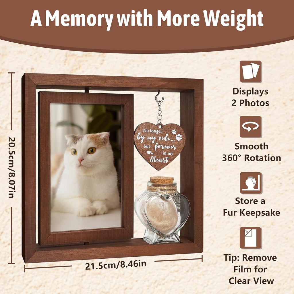 Double sided spinning tabletop photo display for cat loss sympathy gift.