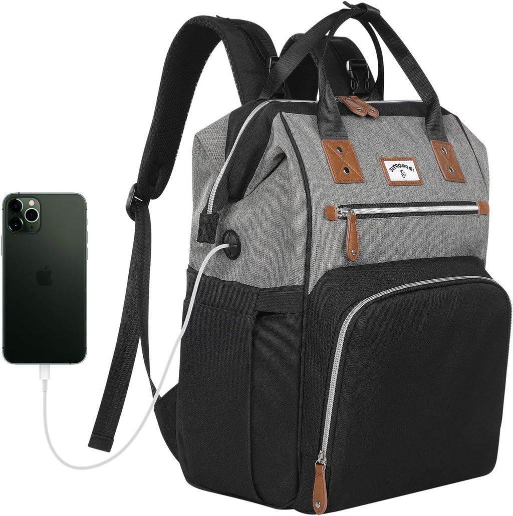 Supromomi diaper bag backpack front view in black and grey