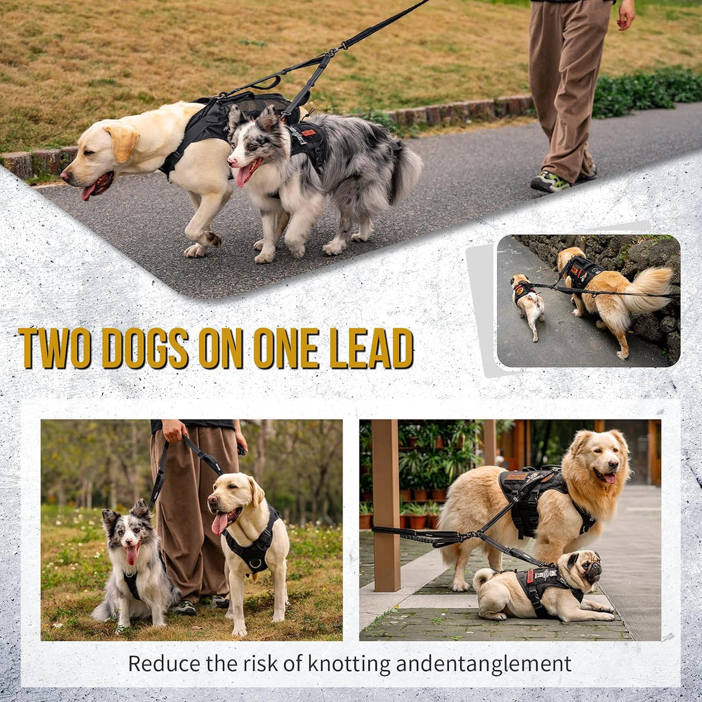 Full view of the weather-proof Y-shape OneTigris anti-shock double dog training lead system.