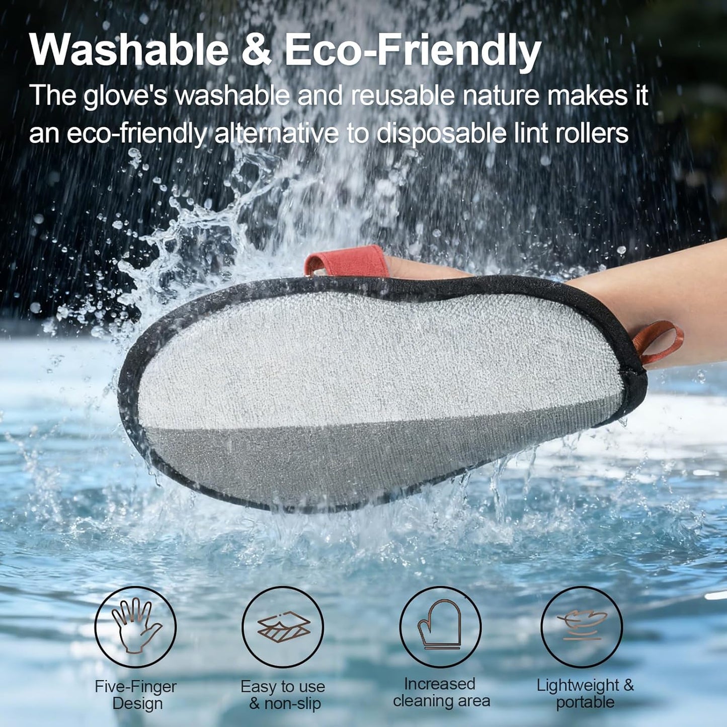 Breathable mesh back and red securing strap on pet hair removal mitt