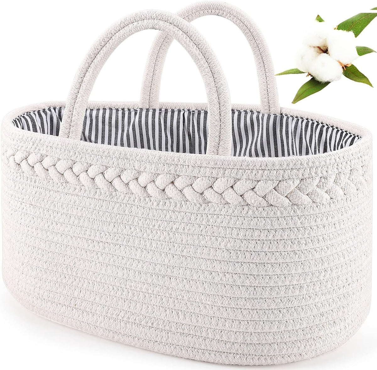 ABenkle baby diaper caddy front view in white cotton rope