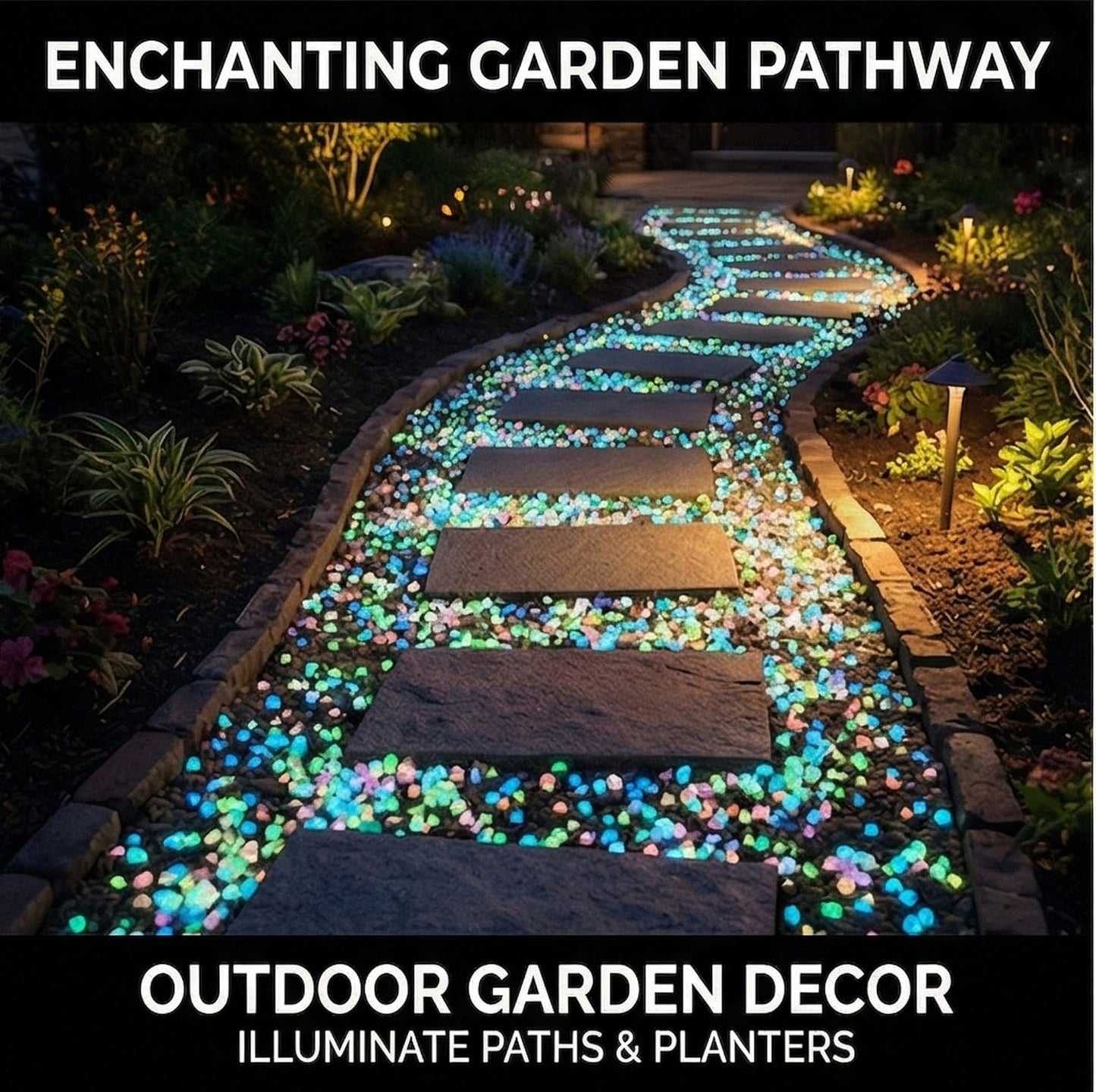 Luminous stones arranged in a glass terrarium container