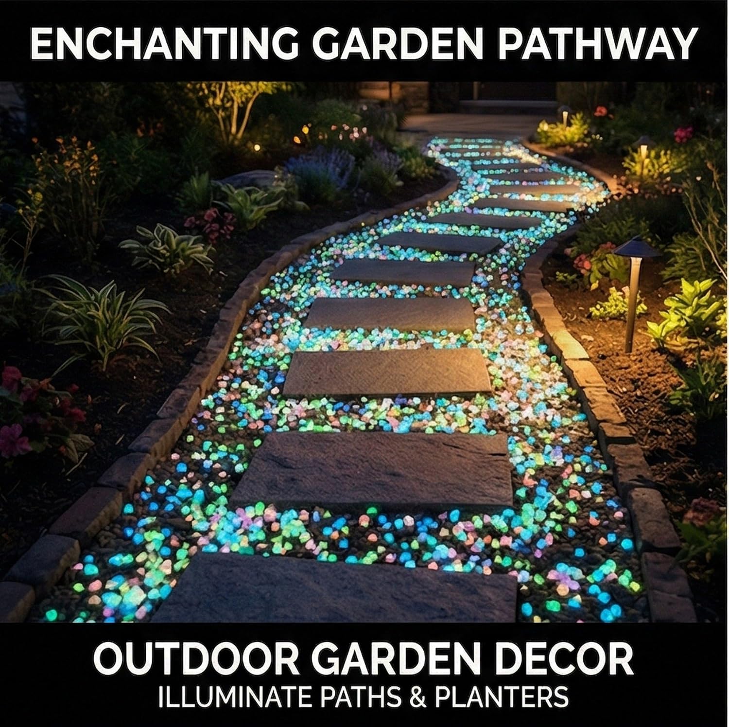 Luminous stones arranged in a glass terrarium container