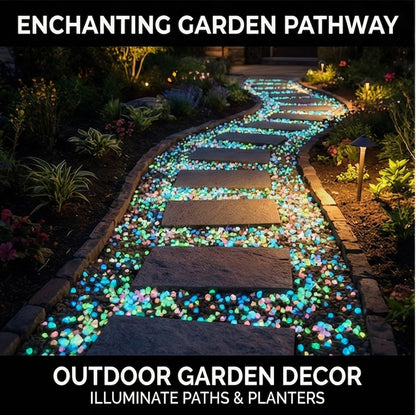 Luminous stones arranged in a glass terrarium container