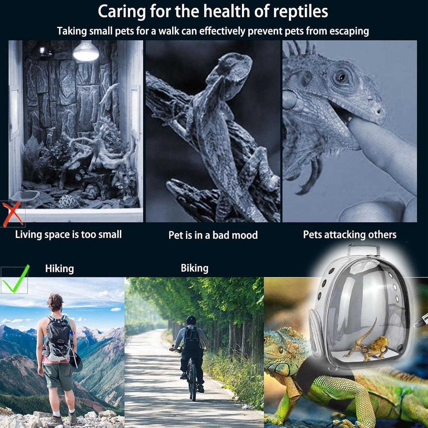 Bearded Dragon Carrier with Harness and Leash Set Large Small Animal Carrier Backpack Bubble Window Portable Small Pet Carrier for Reptile Lizard Rabbit Bird Guinea Pig Cat Travel Walking - Image 6