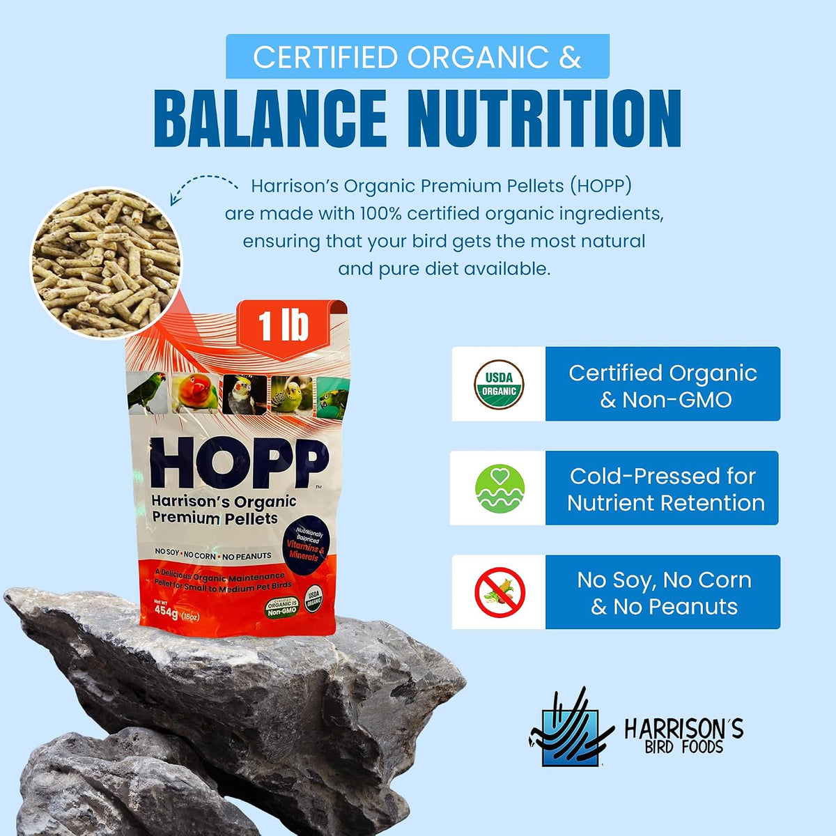 USDA organic certification seal on Harrison's bird food package